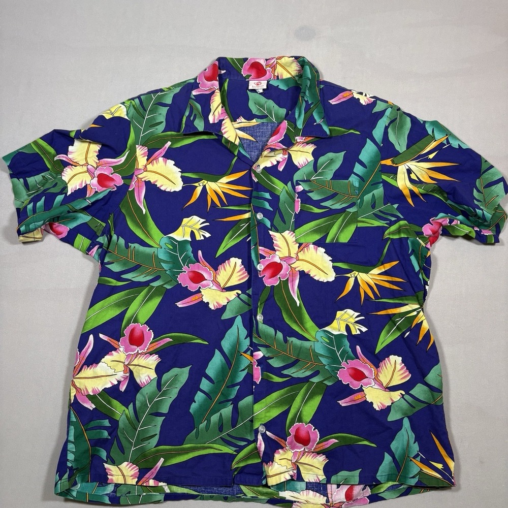 VTG Scorpio Mens 2XL Cotton Short Sleeve Button Up Tropical Blue Hawaiian Floral